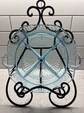 Anchor Hocking 1930’s Mayfair “Open Rose” Ice Blue 4-Part Relish Dish